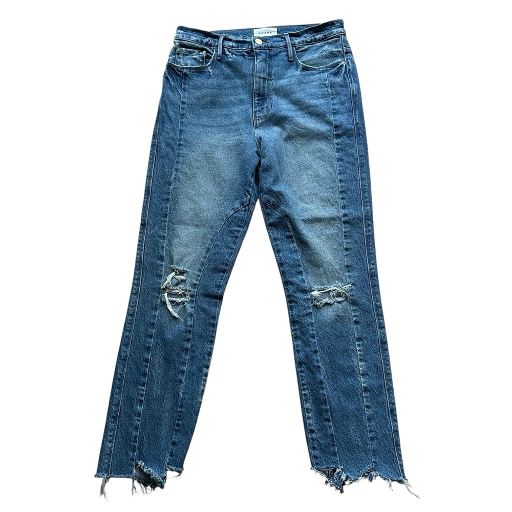 FRAME Le Sylvie Slender‎ Straight Jeans Masonic Wash Distressed Staggered Hem 29